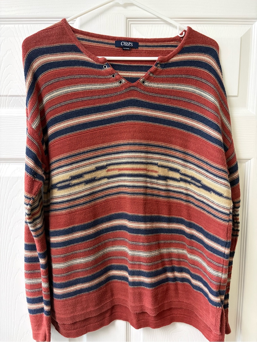 Chaps Womens XL Regular Striped Knit V-Neck Pullover Sweater Red Blue Beige